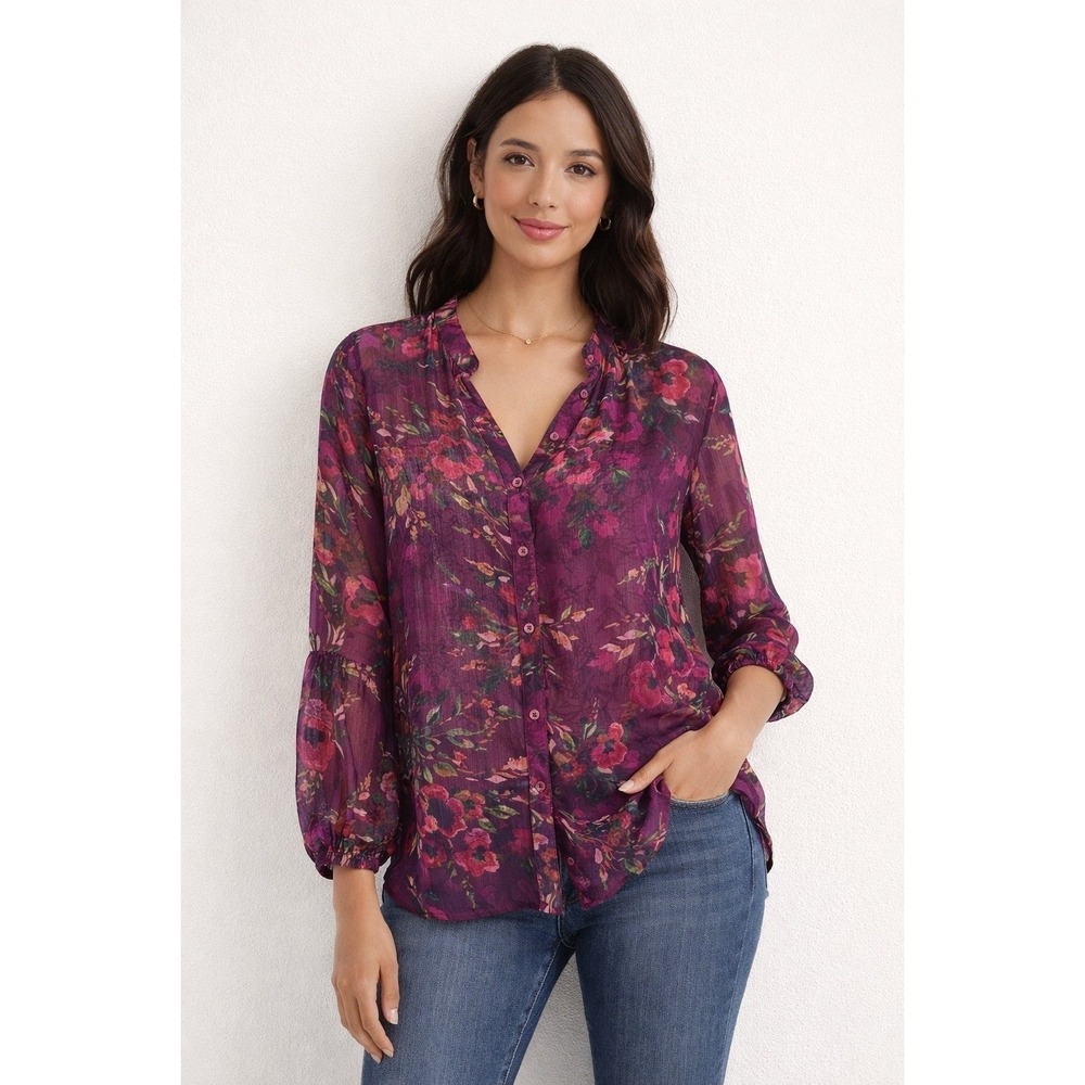 KUT from the Kloth Purple Floral Sheer Button Down Blouse Size M Balloon Sleeve